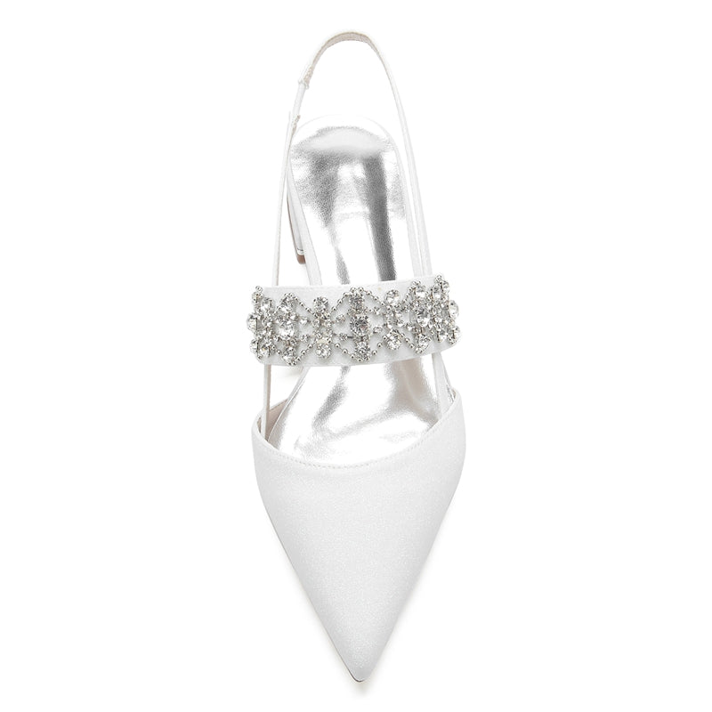 Women's Wedding Shoes White Closed Toe Buckle Slip-On Bridal Shoes with Rhinestone & Beadings