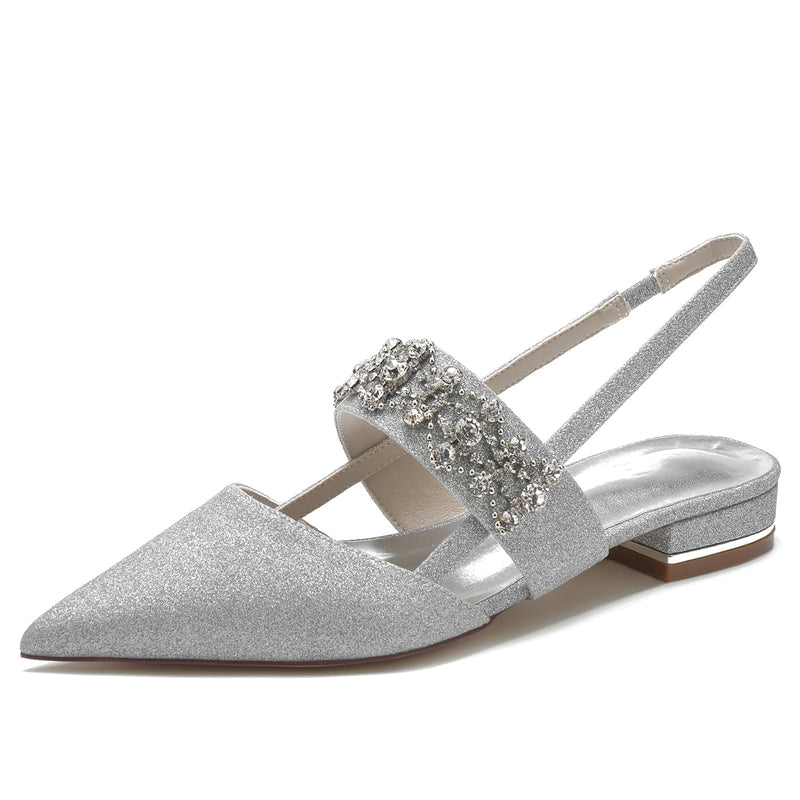 Women's Wedding Shoes White Closed Toe Buckle Slip-On Bridal Shoes with Rhinestone & Beadings