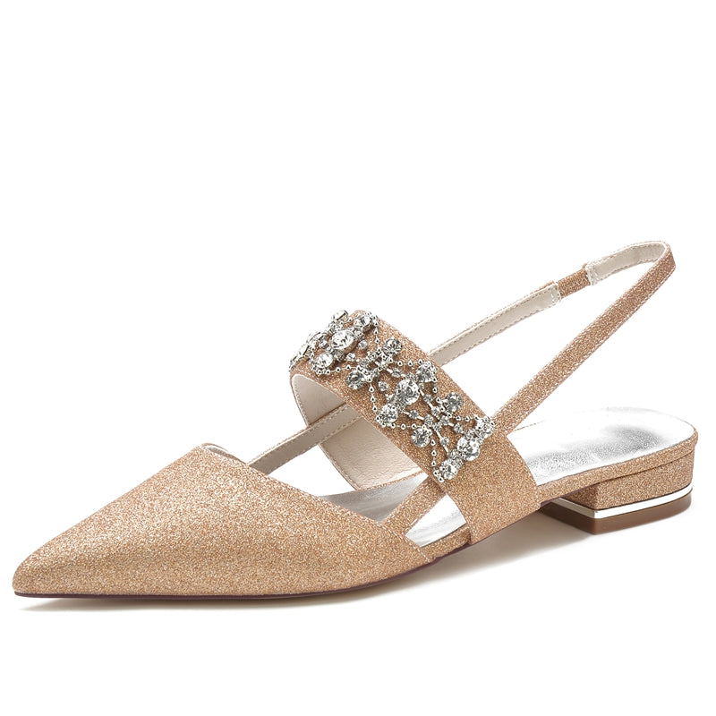 Women's Wedding Shoes White Closed Toe Buckle Slip-On Bridal Shoes with Rhinestone & Beadings