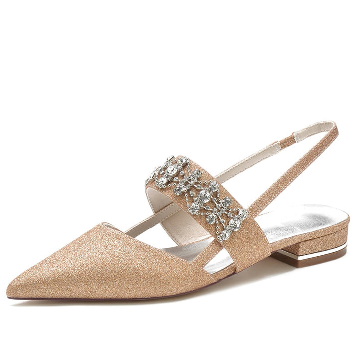 Women's Wedding Shoes White Closed Toe Buckle Slip-On Bridal Shoes with Rhinestone & Beadings