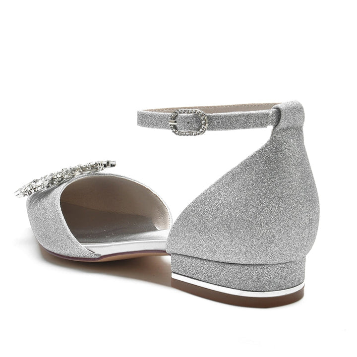 Women's Wedding Shoes Closed Toe Low Heel Sparkling Buckle Bridal Shoes with Square Rhinestone