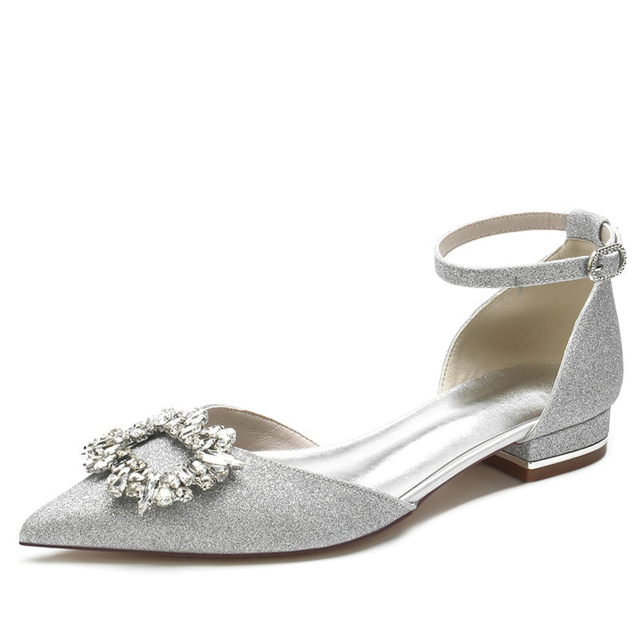 Women's Wedding Shoes Closed Toe Low Heel Sparkling Buckle Bridal Shoes with Square Rhinestone