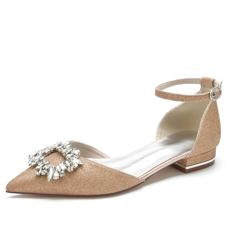 Women's Wedding Shoes Closed Toe Low Heel Sparkling Buckle Bridal Shoes with Square Rhinestone