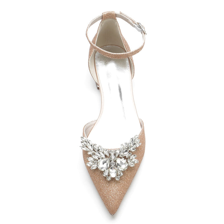 Women's Wedding Shoes Pointed Toe Flat Heel Luxurious Buckle Bridal Shoes with Delicate Rhinestone