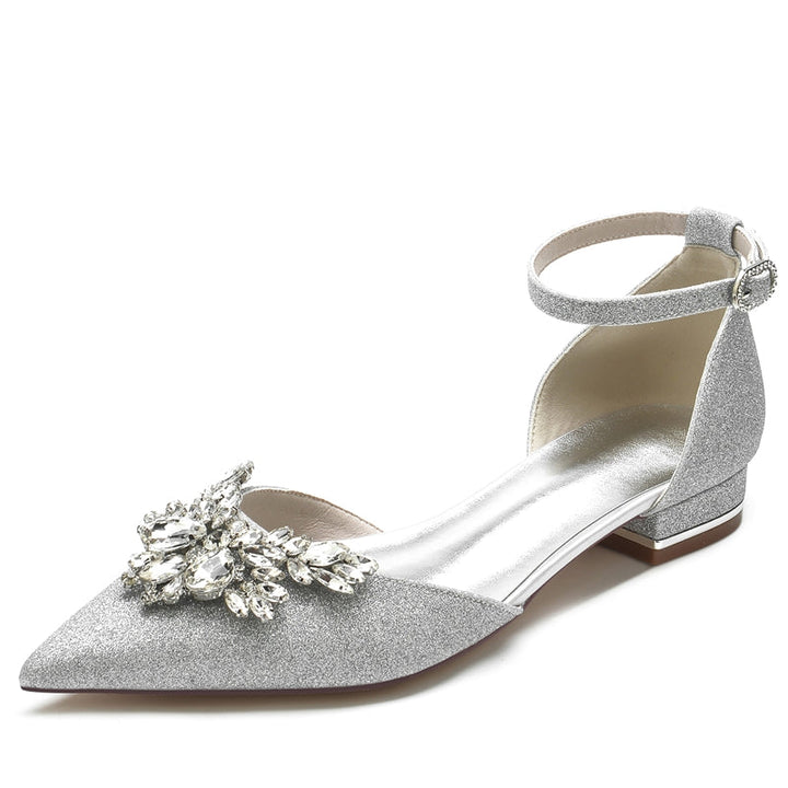 Women's Wedding Shoes Pointed Toe Flat Heel Luxurious Buckle Bridal Shoes with Delicate Rhinestone
