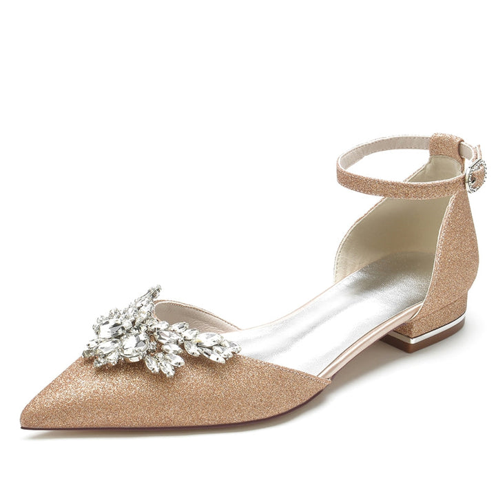 Women's Wedding Shoes Pointed Toe Flat Heel Luxurious Buckle Bridal Shoes with Delicate Rhinestone