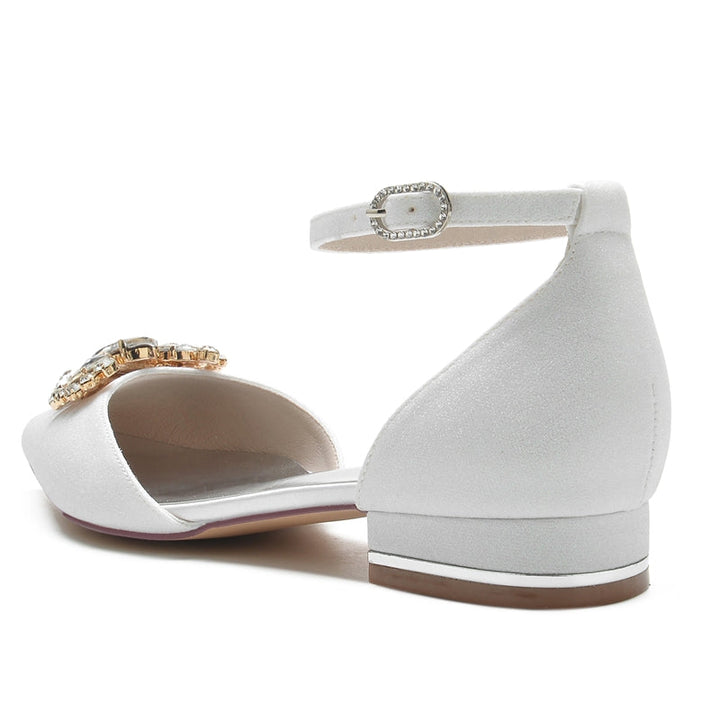 Women's Wedding Shoes Pointed Toe Flat Heel Elegant Buckle Bridal Shoes with Rhinestone