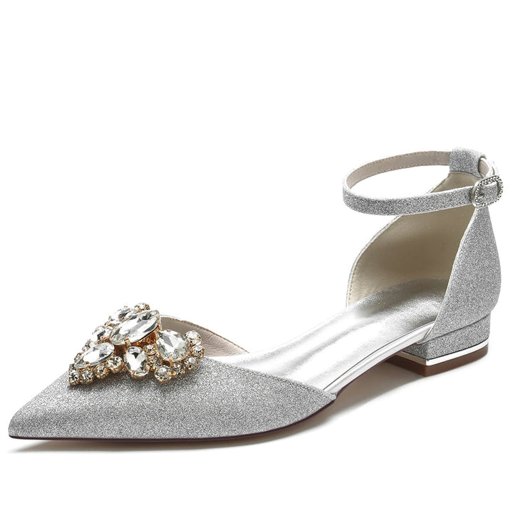 Women's Wedding Shoes Pointed Toe Flat Heel Elegant Buckle Bridal Shoes with Rhinestone