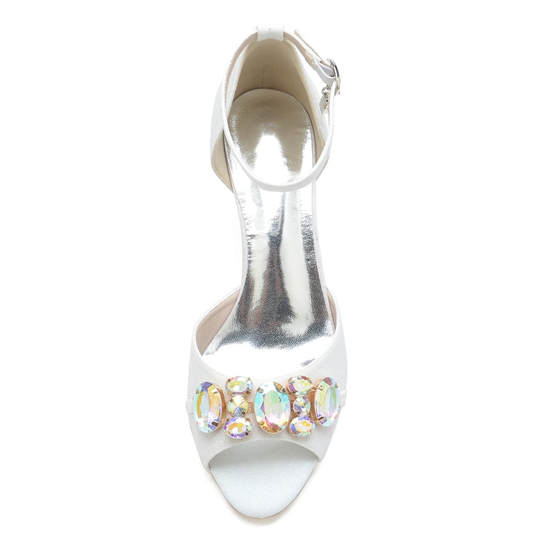 Women's Wedding Shoes Peep Toe Mid Heel Buckle Bridal Shoes with colourful Rhinestone
