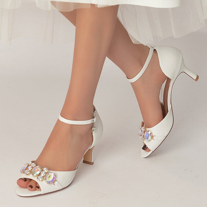 Women's Wedding Shoes Peep Toe Mid Heel Buckle Bridal Shoes with colourful Rhinestone