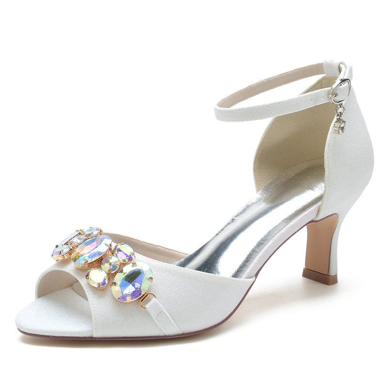 Women's Wedding Shoes Peep Toe Mid Heel Buckle Bridal Shoes with colourful Rhinestone