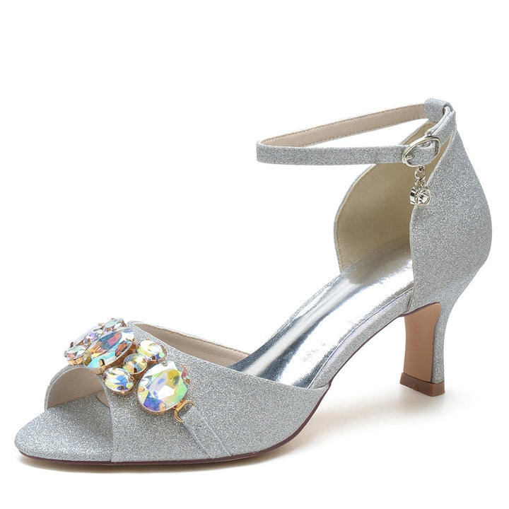 Women's Wedding Shoes Peep Toe Mid Heel Buckle Bridal Shoes with colourful Rhinestone