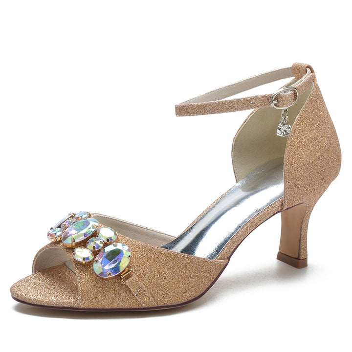 Women's Wedding Shoes Peep Toe Mid Heel Buckle Bridal Shoes with colourful Rhinestone