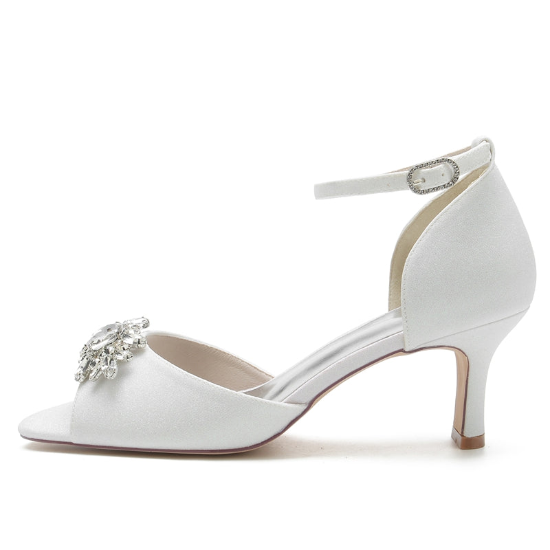 Women's Wedding Shoes Peep Toe Mid Heel Buckle Bridal Shoes with Luxurious Rhinestone