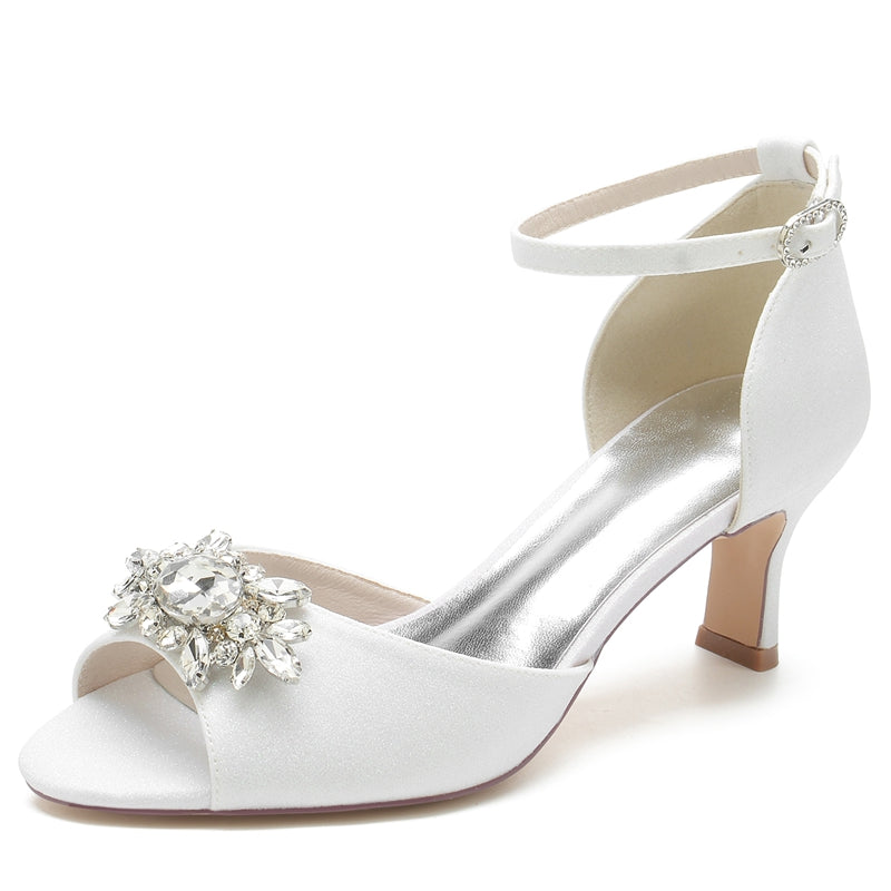 Women's Wedding Shoes Peep Toe Mid Heel Buckle Bridal Shoes with Luxurious Rhinestone