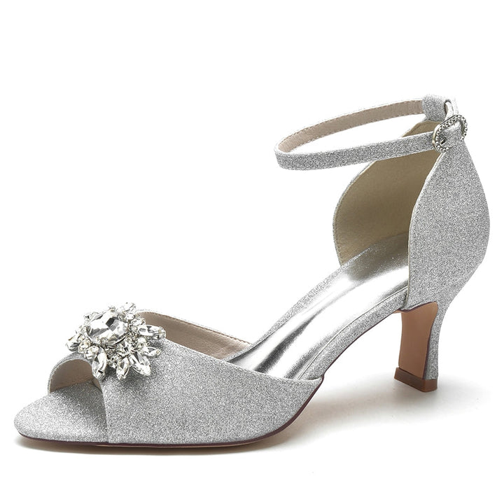 Women's Wedding Shoes Peep Toe Mid Heel Buckle Bridal Shoes with Luxurious Rhinestone