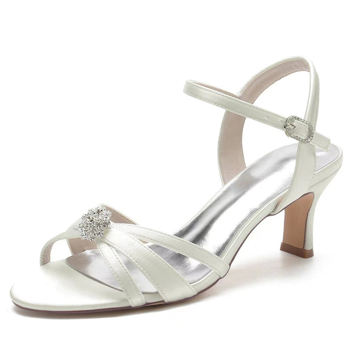 Women's Wedding Shoes Opened Toe Mid Heel Crossed Straps Buckle Bridal Shoes with Rhinestone
