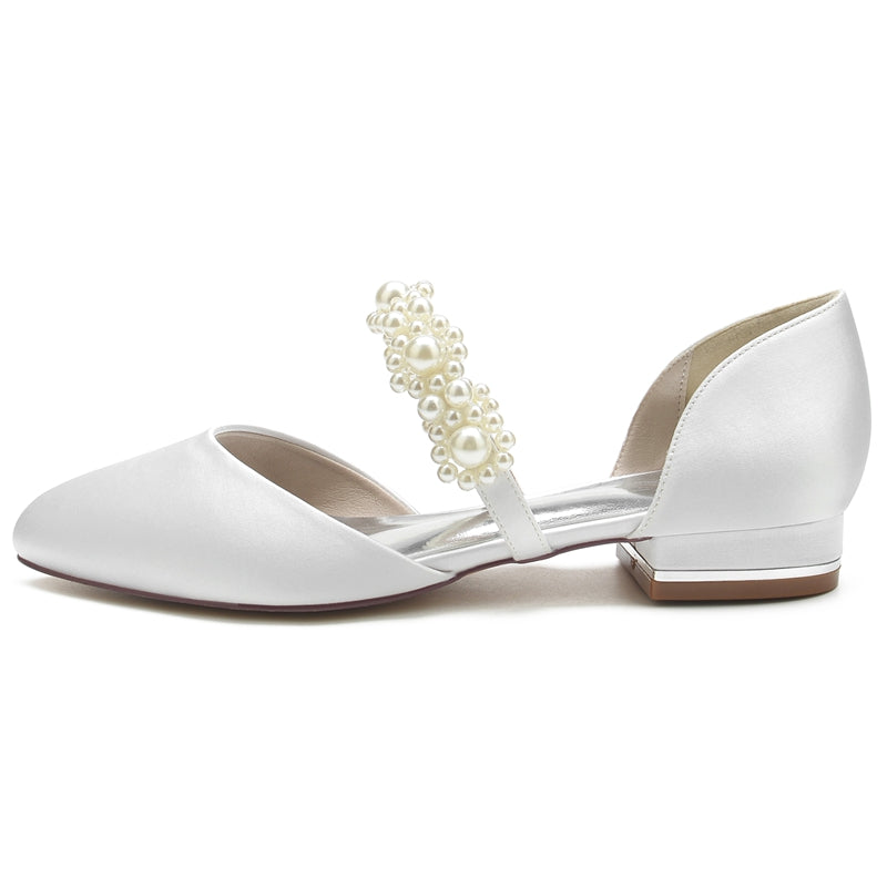 Women's Wedding Shoes Round Toe Low Heel Pearl Straps Elegant Bridal Shoes
