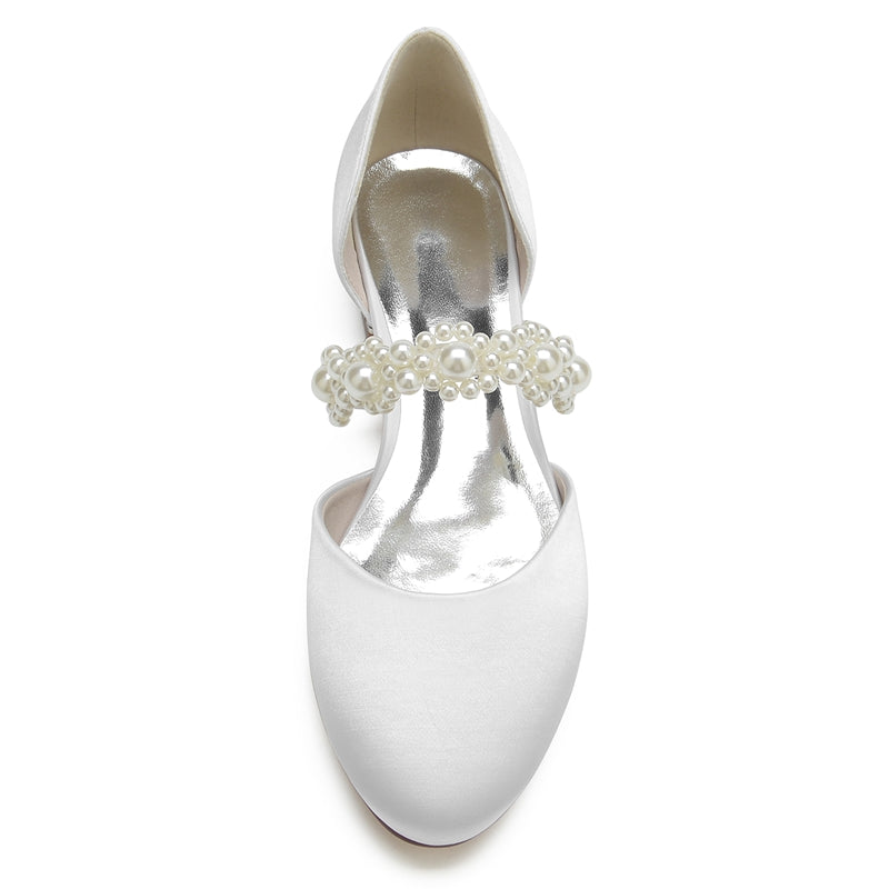Women's Wedding Shoes Round Toe Low Heel Pearl Straps Elegant Bridal Shoes