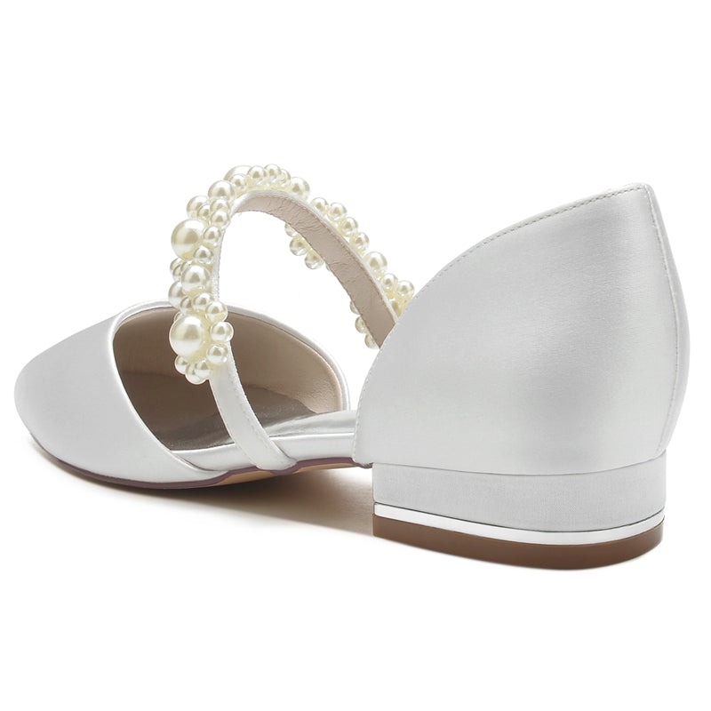 Women's Wedding Shoes Round Toe Low Heel Pearl Straps Elegant Bridal Shoes