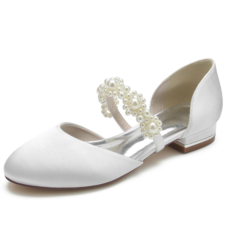 Women's Wedding Shoes Round Toe Low Heel Pearl Straps Elegant Bridal Shoes