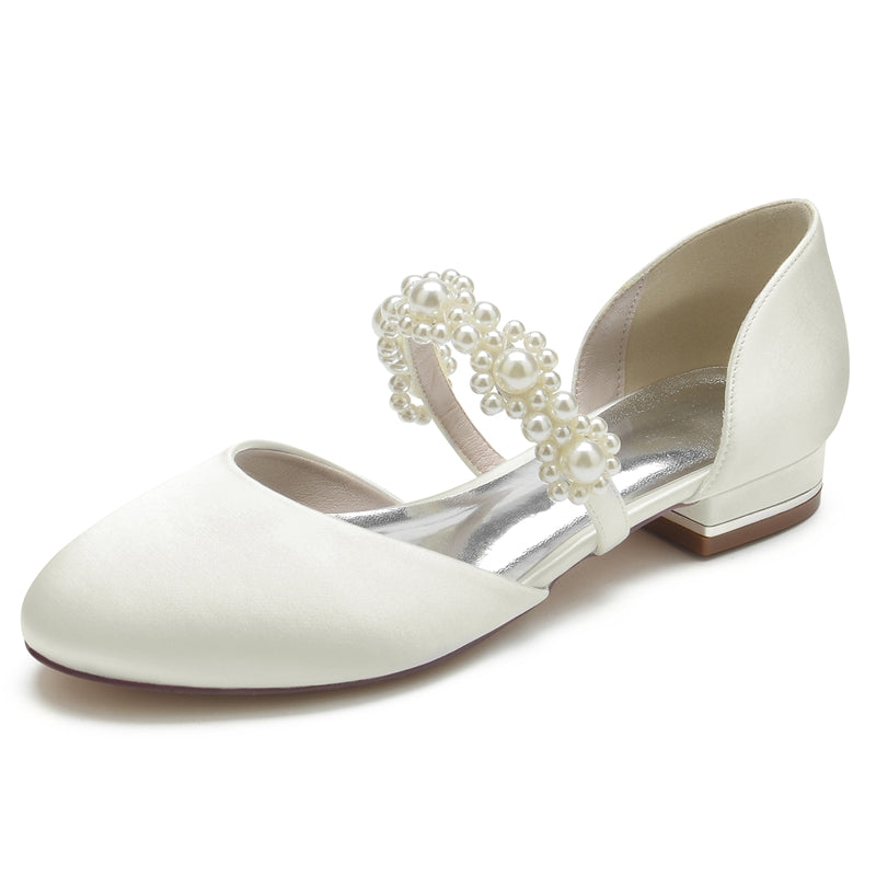 Women's Wedding Shoes Round Toe Low Heel Pearl Straps Elegant Bridal Shoes