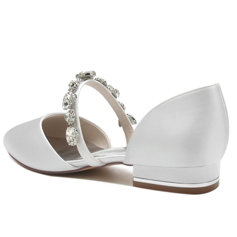 Women's Wedding Shoes Round Toe Low Heel Elegant Rhinestone Strap Bridal Shoes