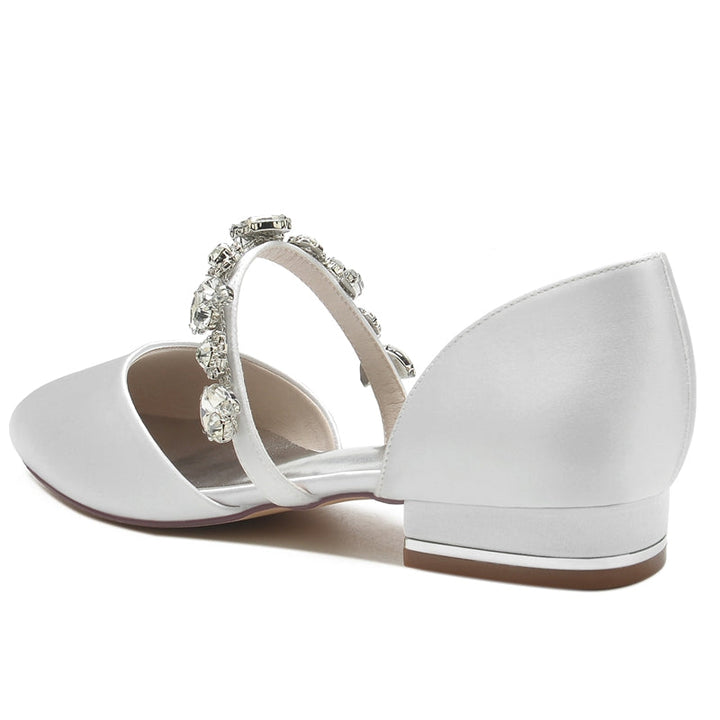 Women's Wedding Shoes Round Toe Low Heel Elegant Rhinestone Strap Bridal Shoes