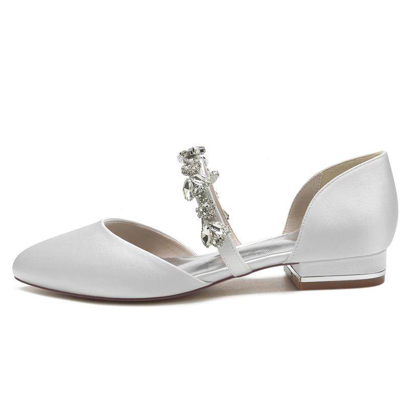 Women's Wedding Shoes Round Toe Low Heel Elegant Rhinestone Strap Bridal Shoes