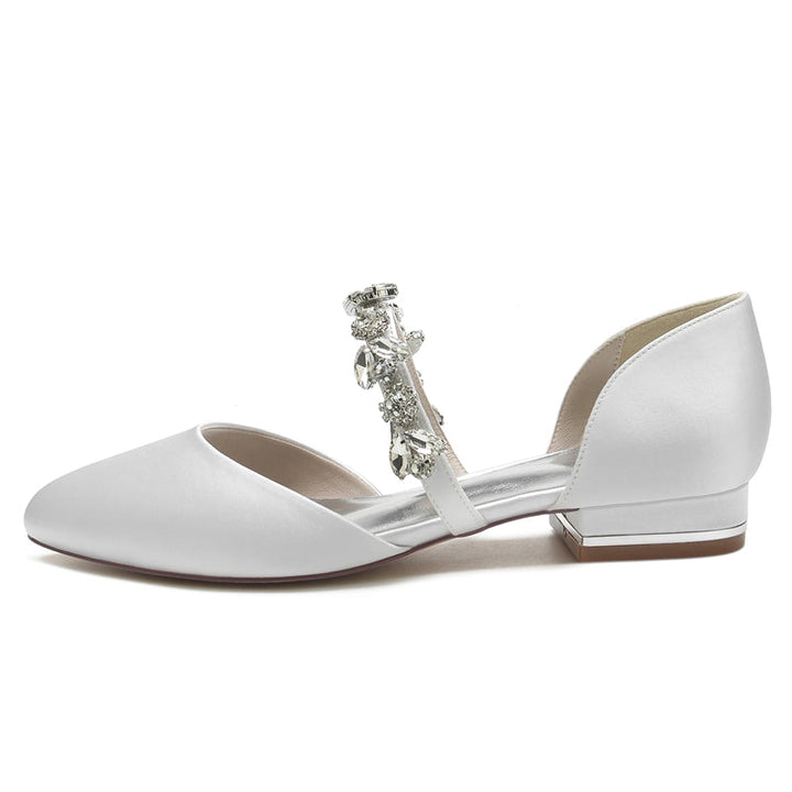 Women's Wedding Shoes Round Toe Low Heel Elegant Rhinestone Strap Bridal Shoes