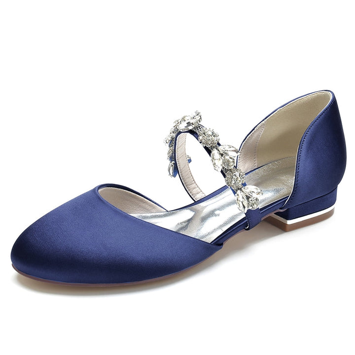 Women's Wedding Shoes Round Toe Low Heel Elegant Rhinestone Strap Bridal Shoes
