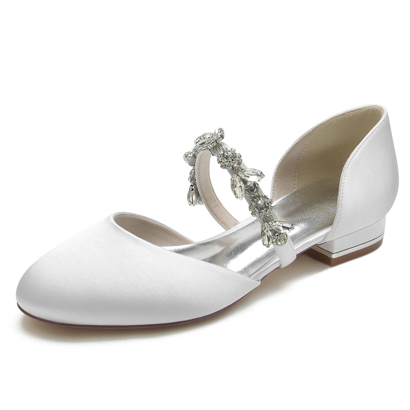 Women's Wedding Shoes Round Toe Low Heel Elegant Rhinestone Strap Bridal Shoes