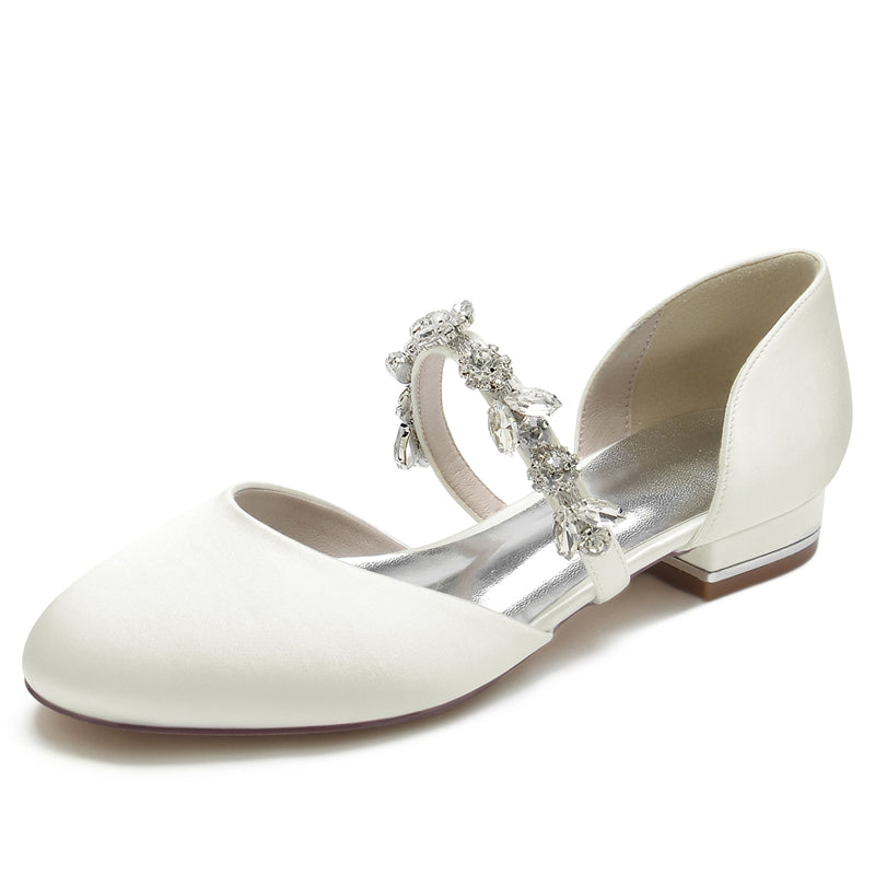 Women's Wedding Shoes Round Toe Low Heel Elegant Rhinestone Strap Bridal Shoes