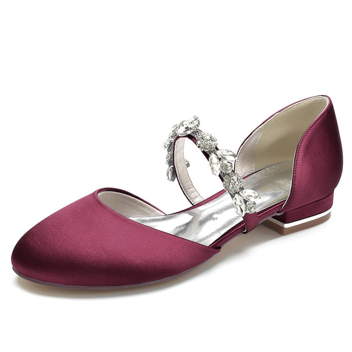Women's Wedding Shoes Round Toe Low Heel Elegant Rhinestone Strap Bridal Shoes