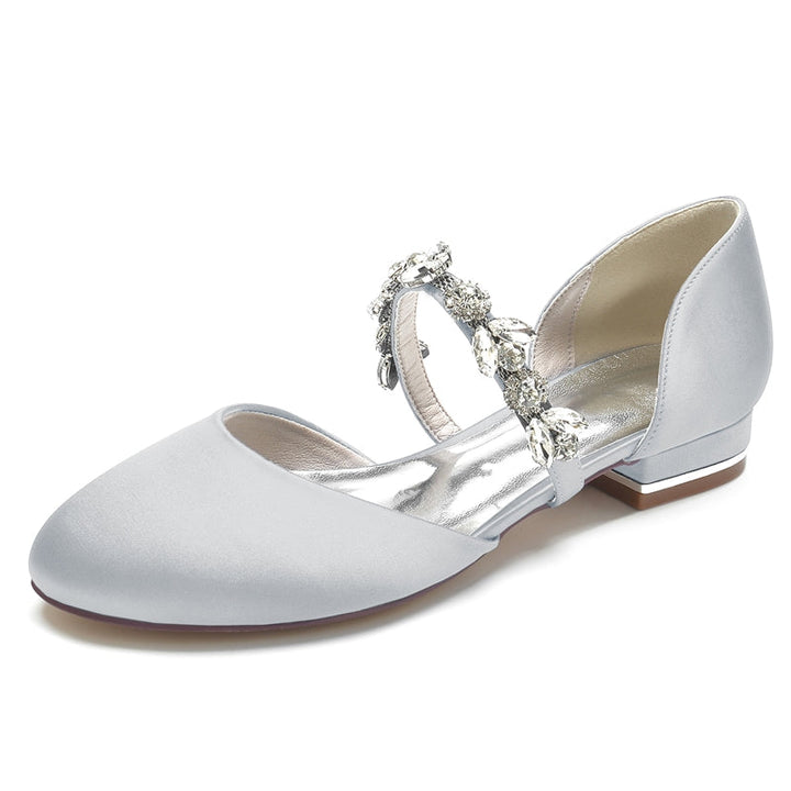 Women's Wedding Shoes Round Toe Low Heel Elegant Rhinestone Strap Bridal Shoes