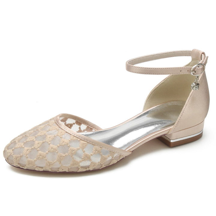 Women's Wedding Shoes Pointed Toe Flat Heel Retro Knitted Buckle Bridal Shoes