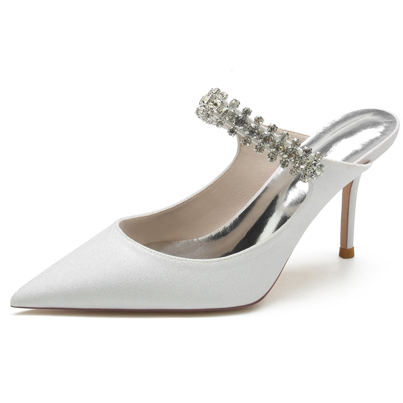 Women's Wedding Shoes Pointed Toe High Heel Stretch Glitter Slip-On Bridal Shoes with Rhinestone