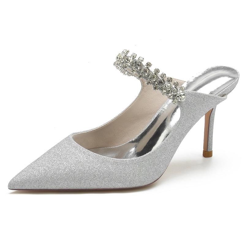 Women's Wedding Shoes Pointed Toe High Heel Stretch Glitter Slip-On Bridal Shoes with Rhinestone
