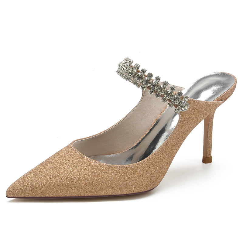 Women's Wedding Shoes Pointed Toe High Heel Stretch Glitter Slip-On Bridal Shoes with Rhinestone
