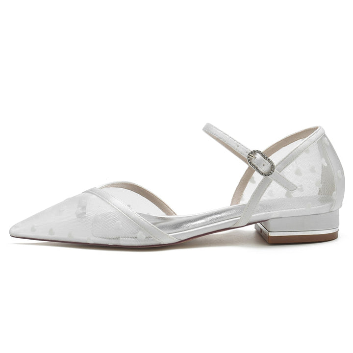 Women's Wedding Shoes Pointed Toe Low Heel Tulle Buckle Bridal Shoes with Printed Heart