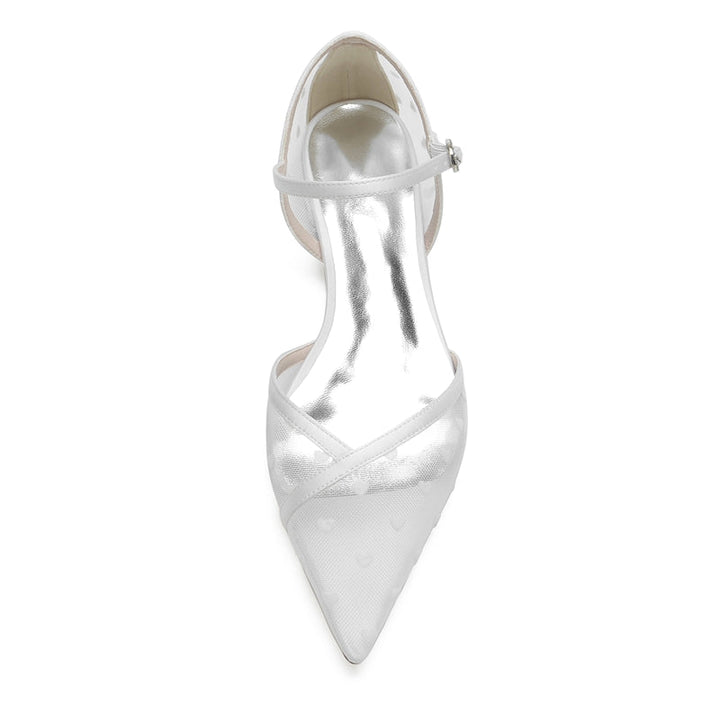 Women's Wedding Shoes Pointed Toe Low Heel Tulle Buckle Bridal Shoes with Printed Heart