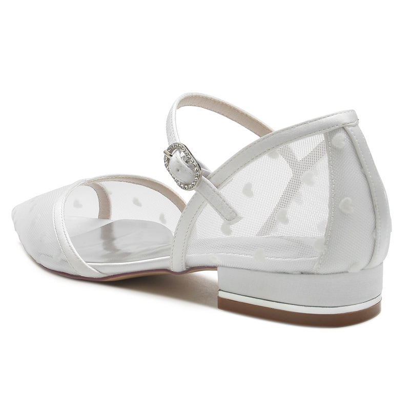 Women's Wedding Shoes Pointed Toe Low Heel Tulle Buckle Bridal Shoes with Printed Heart