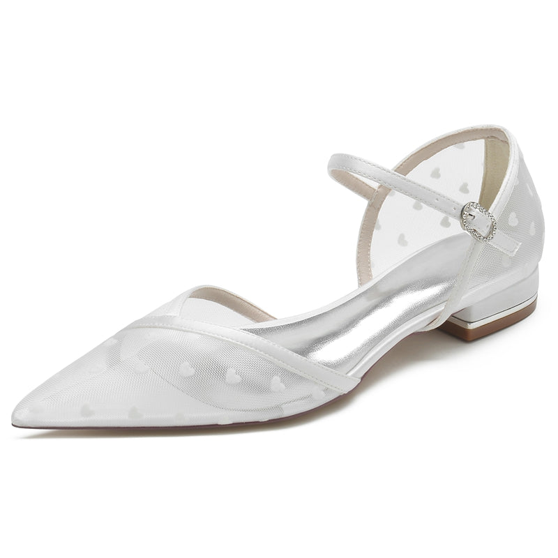 Women's Wedding Shoes Pointed Toe Low Heel Tulle Buckle Bridal Shoes with Printed Heart