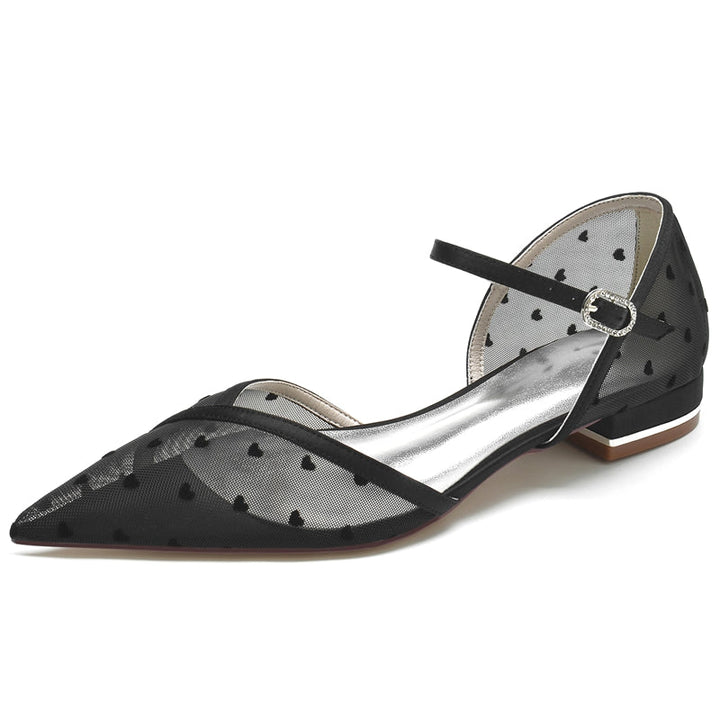 Women's Wedding Shoes Pointed Toe Low Heel Tulle Buckle Bridal Shoes with Printed Heart