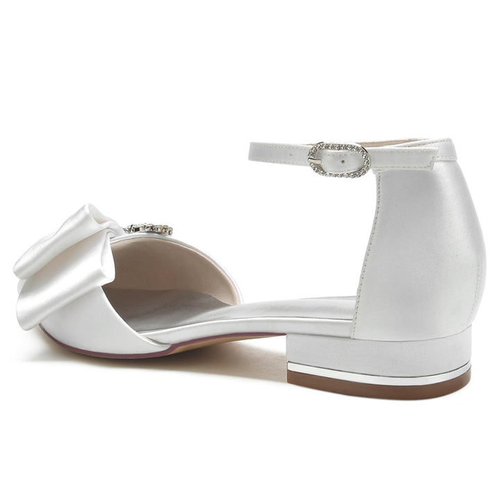 Women's Wedding Shoes Pointed Toe Flat Heel Buckle Elegant Bridal Shoes with Rhinestone & Ruffles