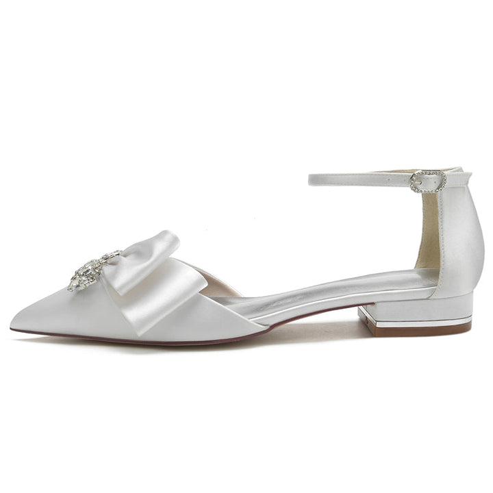 Women's Wedding Shoes Pointed Toe Flat Heel Buckle Elegant Bridal Shoes with Rhinestone & Ruffles