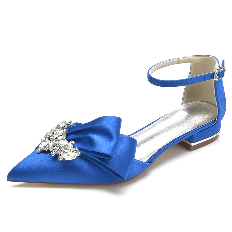 Women's Wedding Shoes Pointed Toe Flat Heel Buckle Elegant Bridal Shoes with Rhinestone & Ruffles