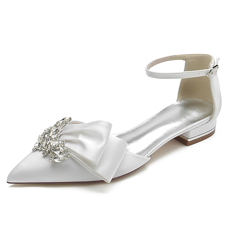 Women's Wedding Shoes Pointed Toe Flat Heel Buckle Elegant Bridal Shoes with Rhinestone & Ruffles