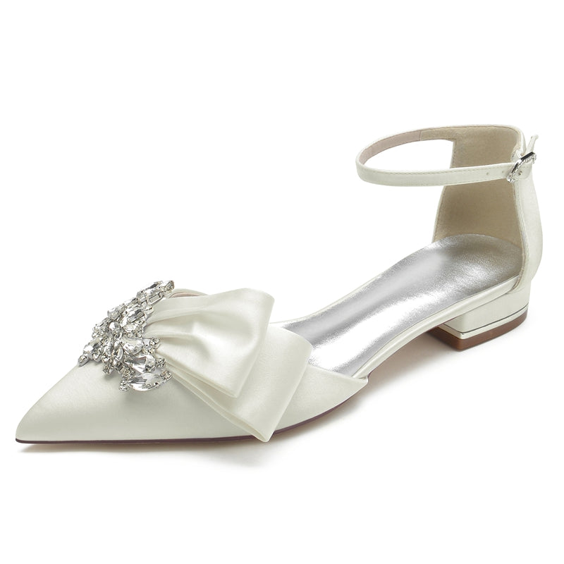 Women's Wedding Shoes Pointed Toe Flat Heel Buckle Elegant Bridal Shoes with Rhinestone & Ruffles