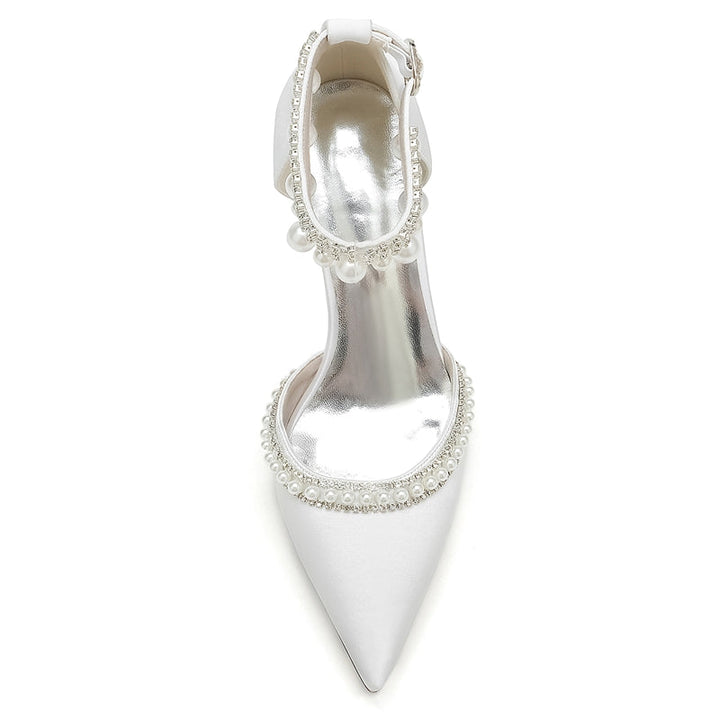 Women's Wedding Shoes Pointed Toe Block Heel Luxury Buckle Bridal Shoes with Crystal & Pearl